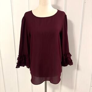 Max Studio Burgundy Ruffle Sleeve Blouse Womens Medium Sheer Hem